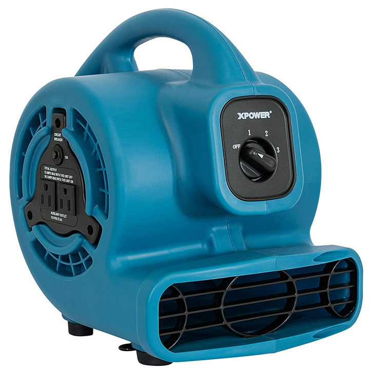 Xpower P-80A-Blue 600 CFM Mini Air Mover 1.2 Amp 120 Volts 3 Speed w Power Outlet
